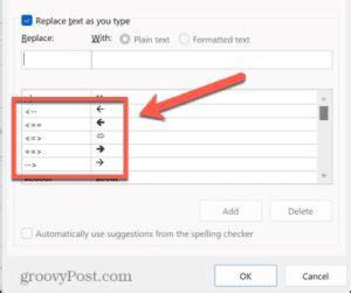 AutoCorrect arrows